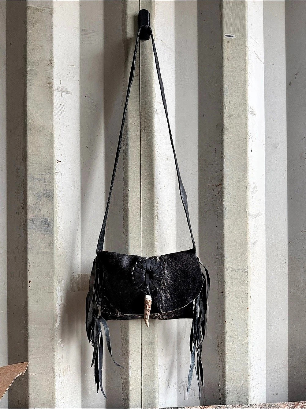 Jeni Z Hair-On Leather Fringe Shoulder Bag Black